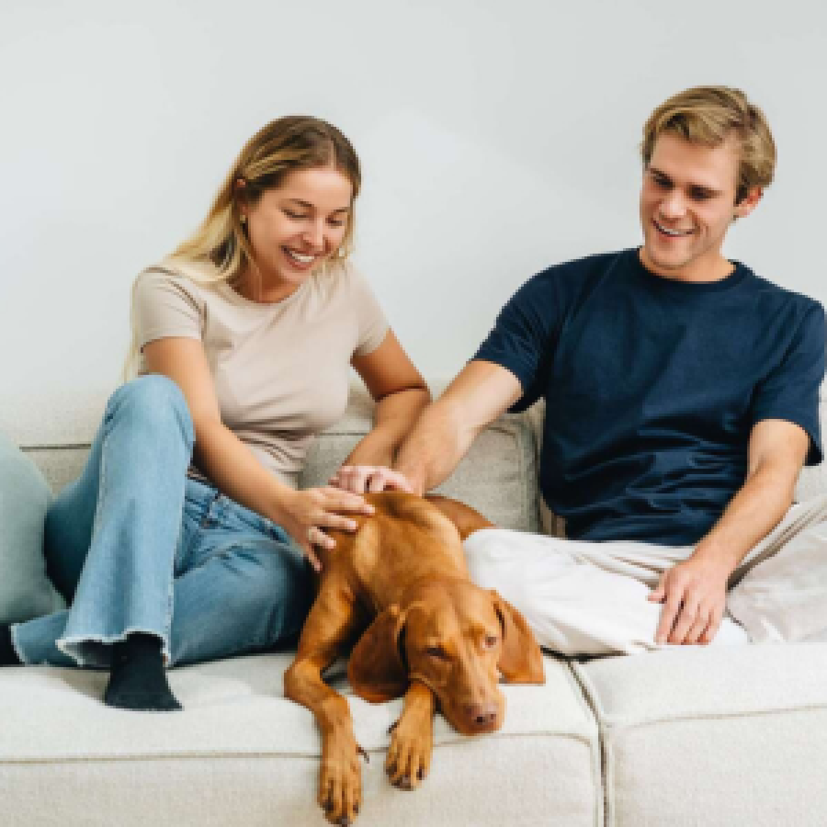 Mann und Frau sitzen auf einem weißen Sofa und streicheln ihren adoptierten Hund