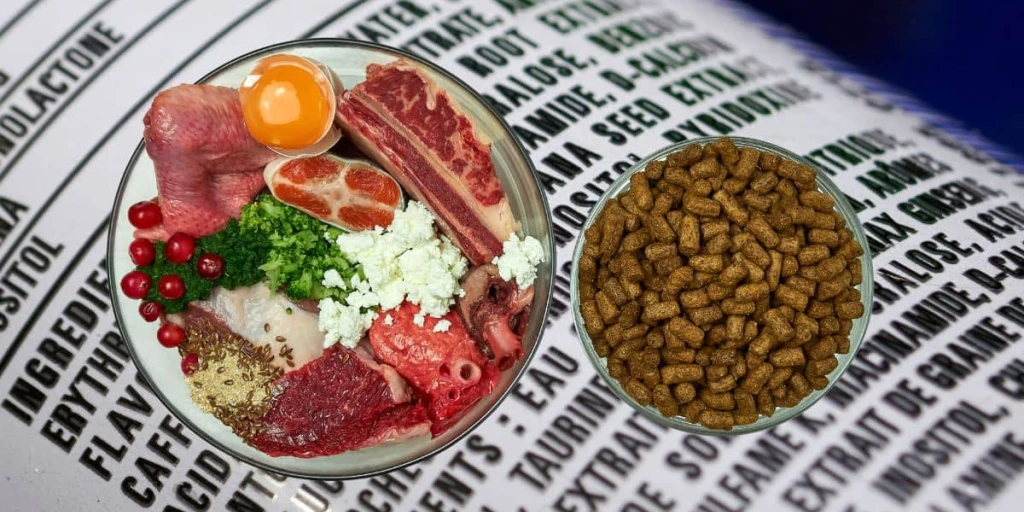 Napf voller frischer Lebensmittel fĂŒr den Hund, Leber, Herzen, HĂŒhnchen, KĂ€se, Broccoli und direkt daneben alles kombiniert und abgebildet in Presslingen. Im Hintergrund siehst du eine Zutatenliste