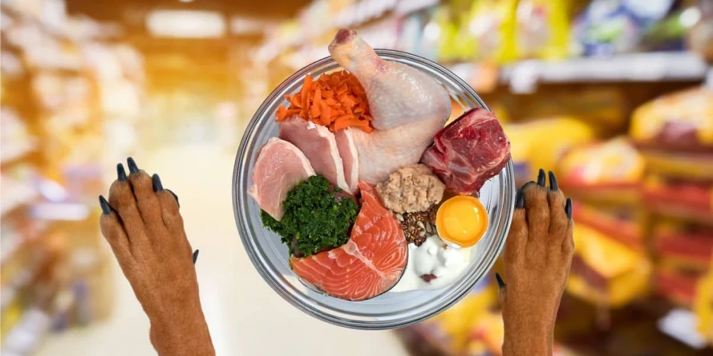 Einen Napf voller Leckereien fĂŒr den Hund u. A. Lachs, HĂŒhnchen, Ei, Rind und GemĂŒse im Hintergrund regale voller Hunde FuttersĂ€cke.